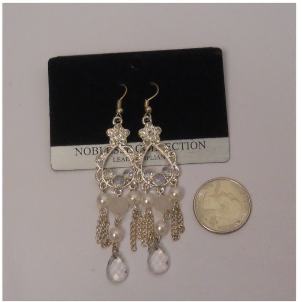 Women Flower Teardrop Earrings Rhinestones Drop Dangle Silver Tones Hook Fastene